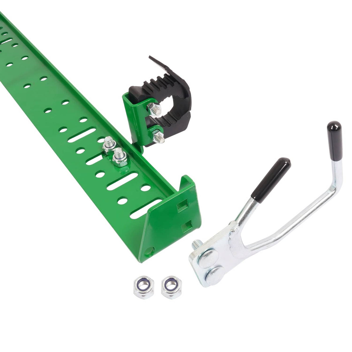 Green bracket with adjustable black clamp, U-bolt handle, washers and bolts