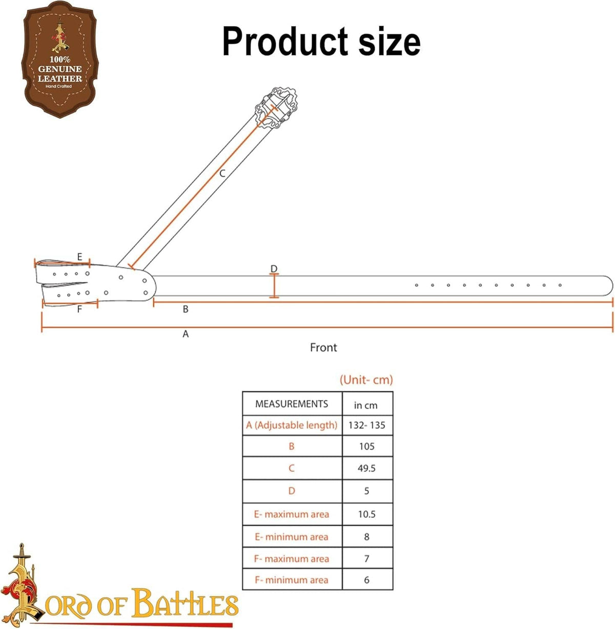 Product size diagram for sword baldric belt, with adjustable length and measurements (cm)