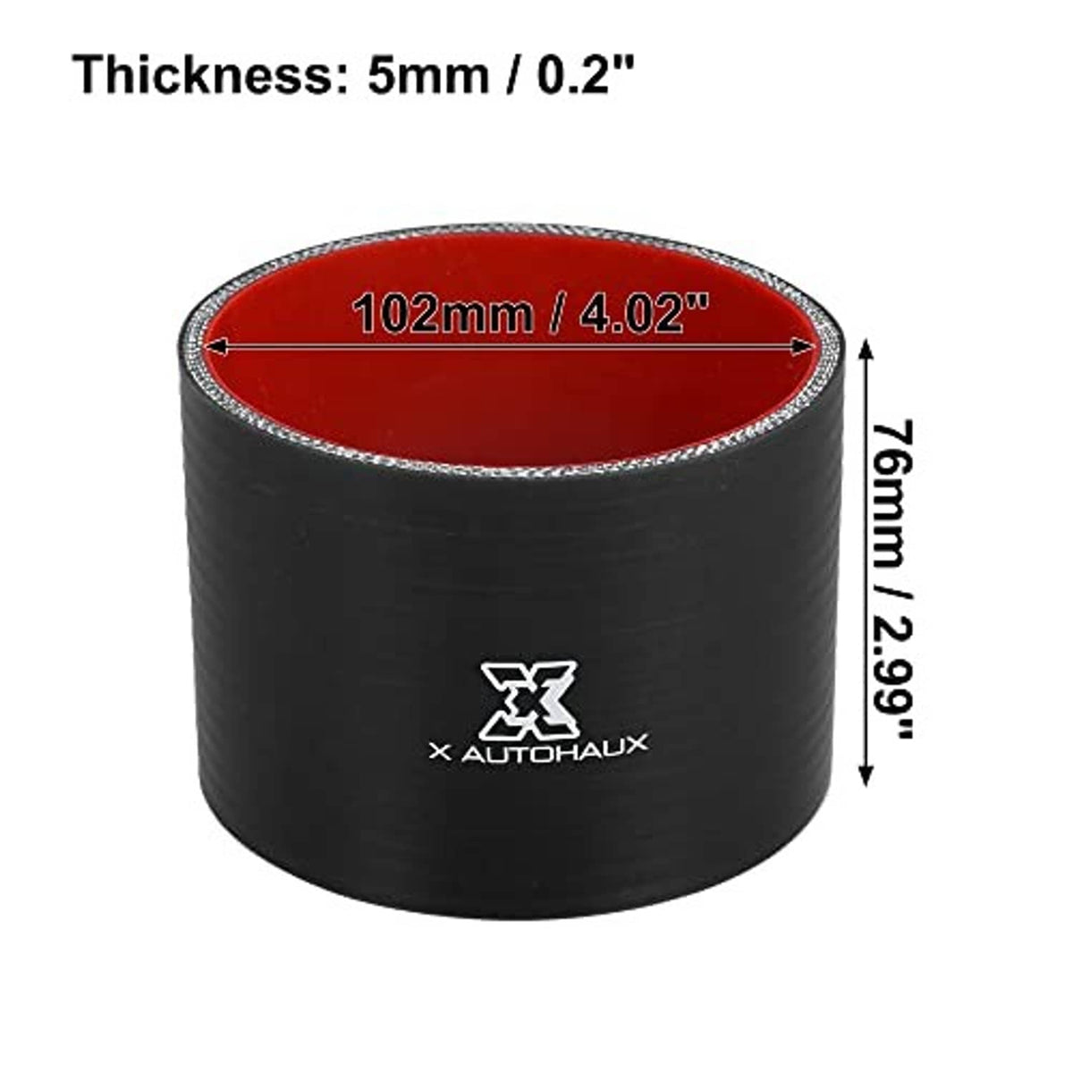 Black silicone reducer hose with red inner lining; 102mm diameter, 76.12mm length, 5mm thick