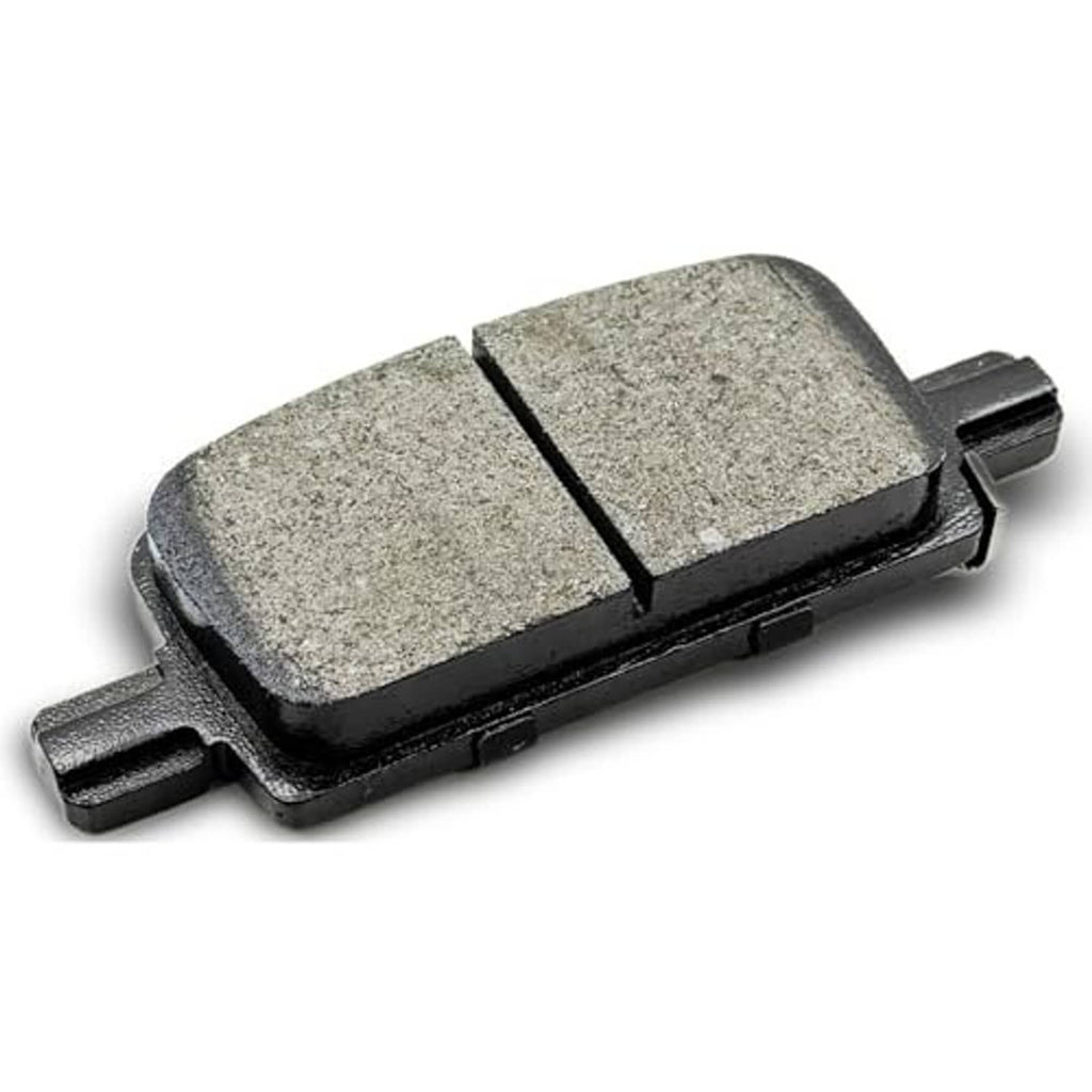 Ceramic brake pad, textured gray friction face with black edge and backing
