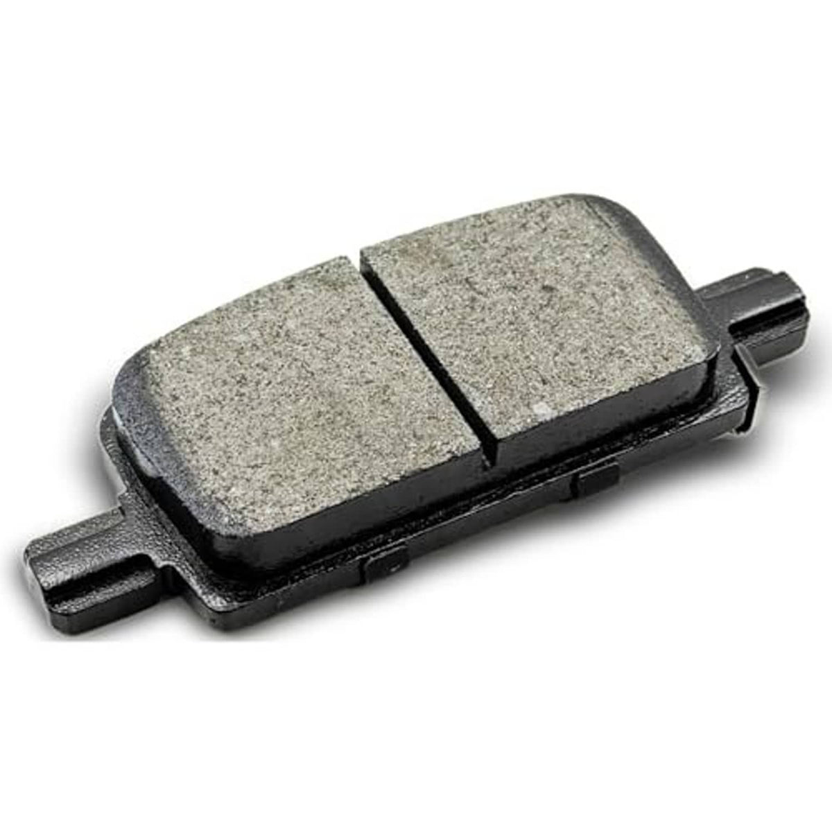 Ceramic brake pad, textured gray friction face with black edge and backing