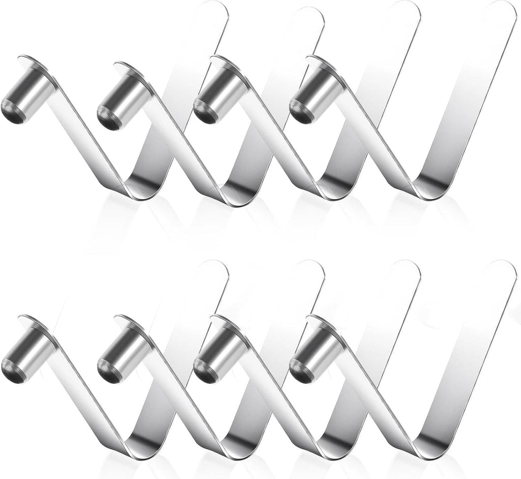 Eight stainless steel U-shaped spring snap tent pole clips arranged in rows
