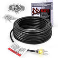 Black de-icing heating cable coil with plug and labeled end hardware