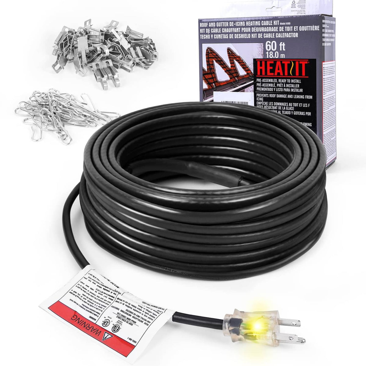 Black de-icing heating cable coil with plug and labeled end hardware