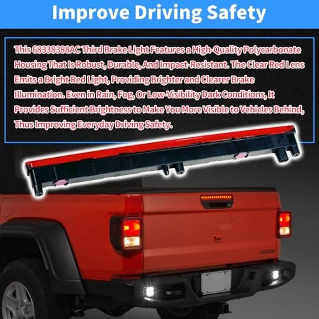 LED third brake light showing red illumination with clear red lens over black frame