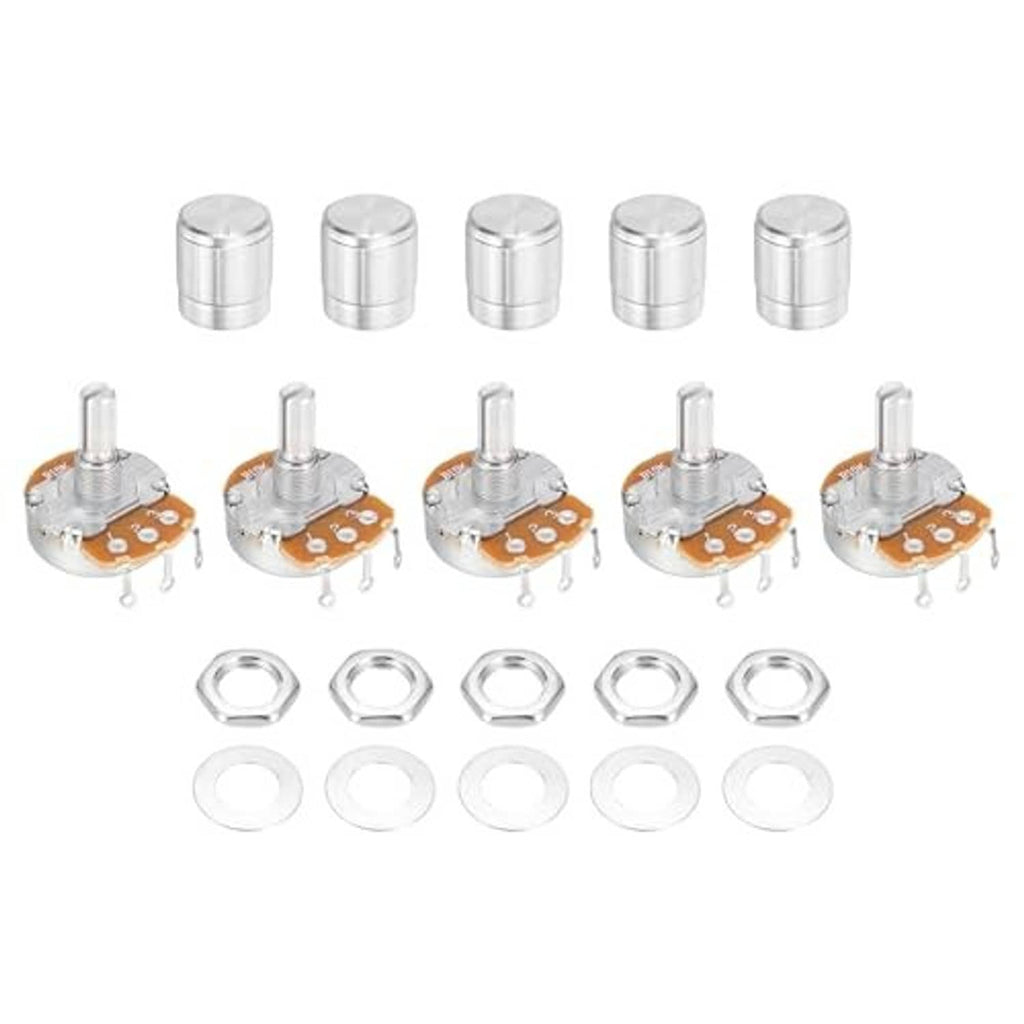 Rotary potentiometer set showing silver metal knob and mounting hardware with orange circuit board