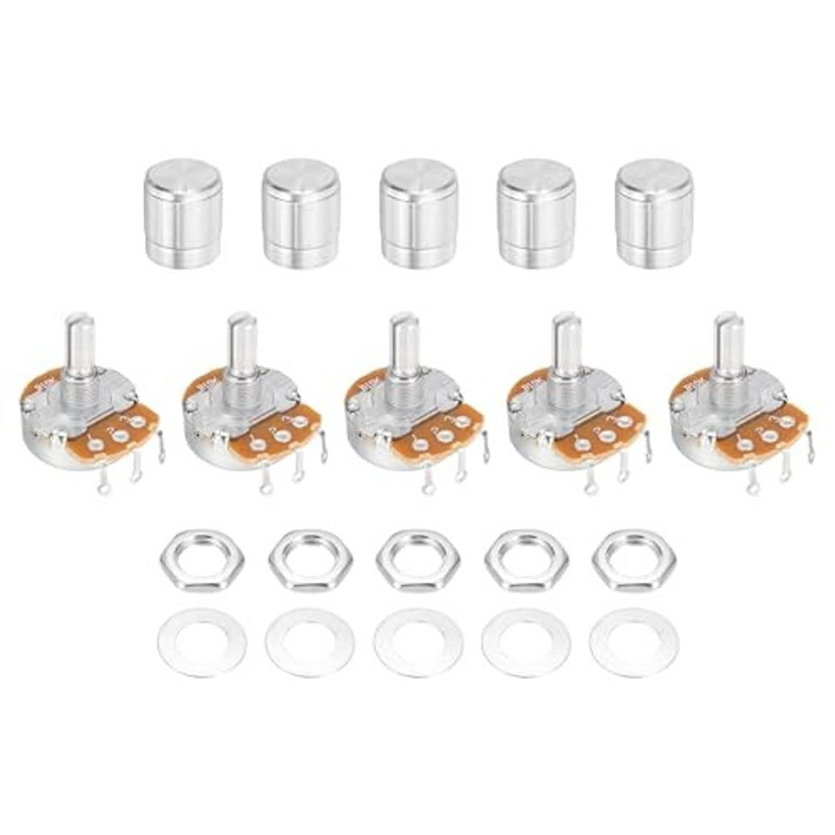 Rotary potentiometer set showing silver metal knob and mounting hardware with orange circuit board