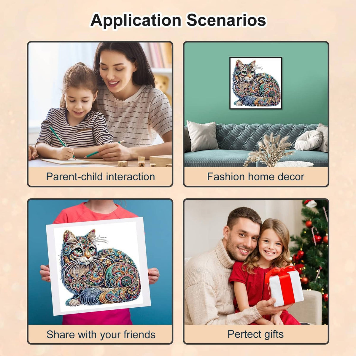 Diamond art kit cat design for gifting and home decor, with people holding the finished artwork