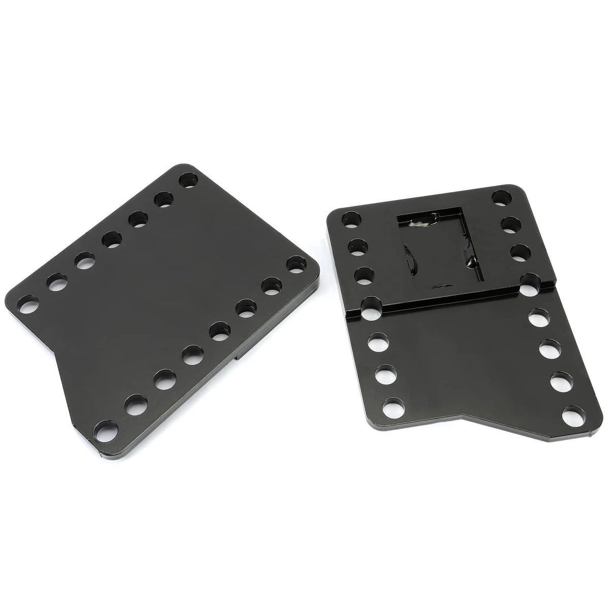 Black steel bracket set with mounting holes and recessed rectangular slot