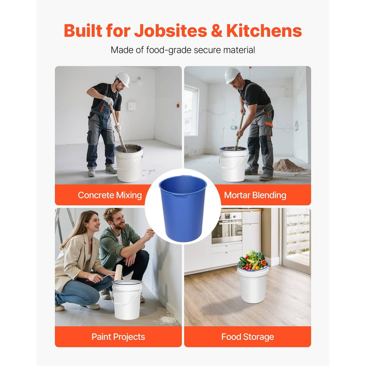 Blue silicone mixing liner for jobsites, shown in white bucket for mortar and paint