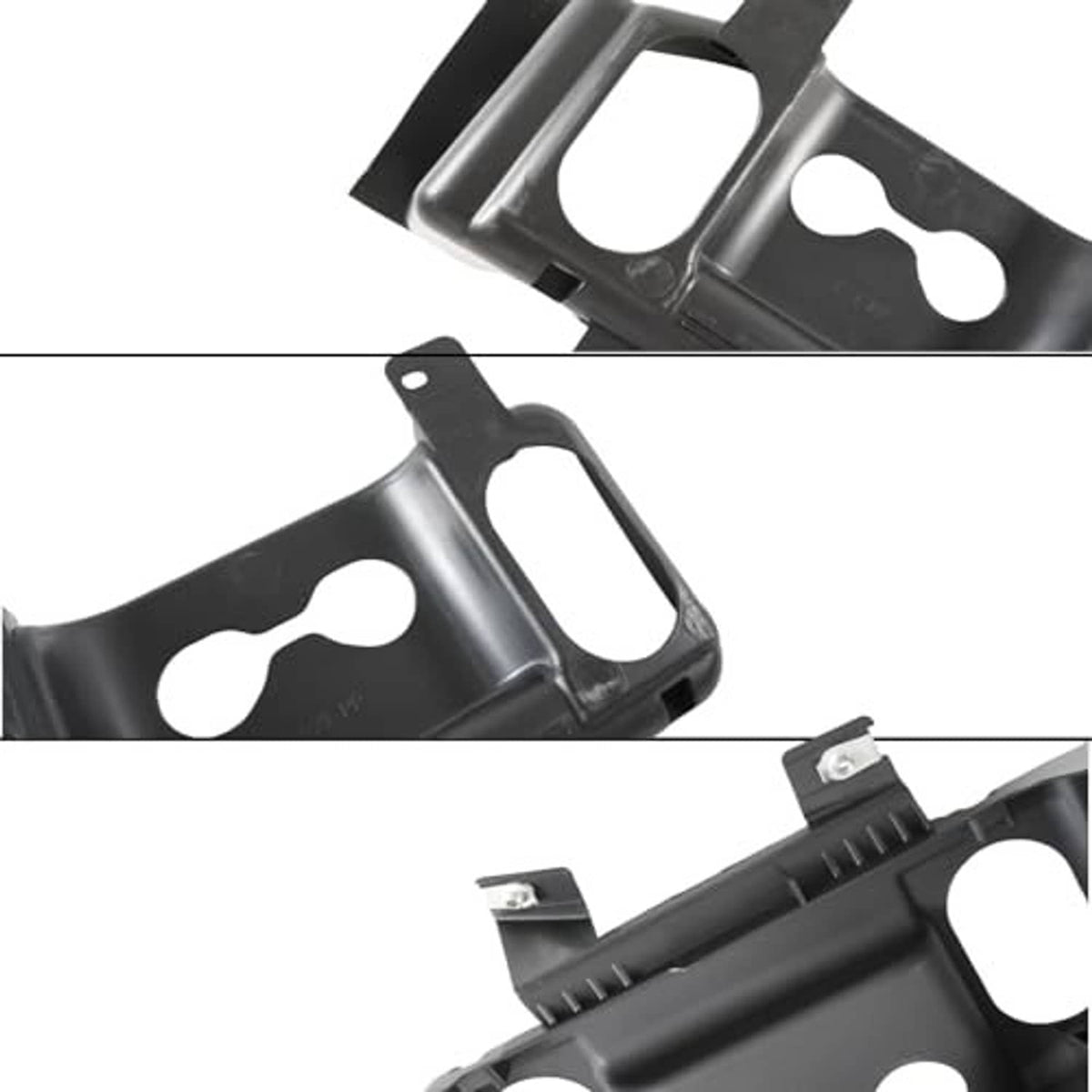 Close-up black plastic air intake duct bracket, oval holes and metal mounting clips