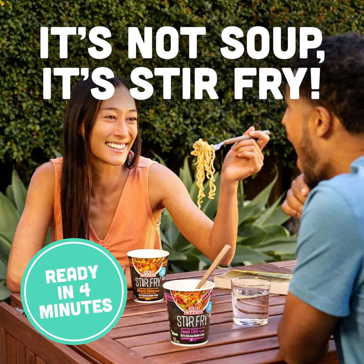 Cup Noodles Stir Fry sweet chili flavor cups with chopsticks and noodle serving