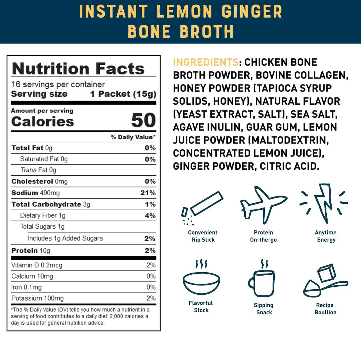 Bare Bones Instant Lemon Ginger Bone Broth nutrition facts panel on pouch