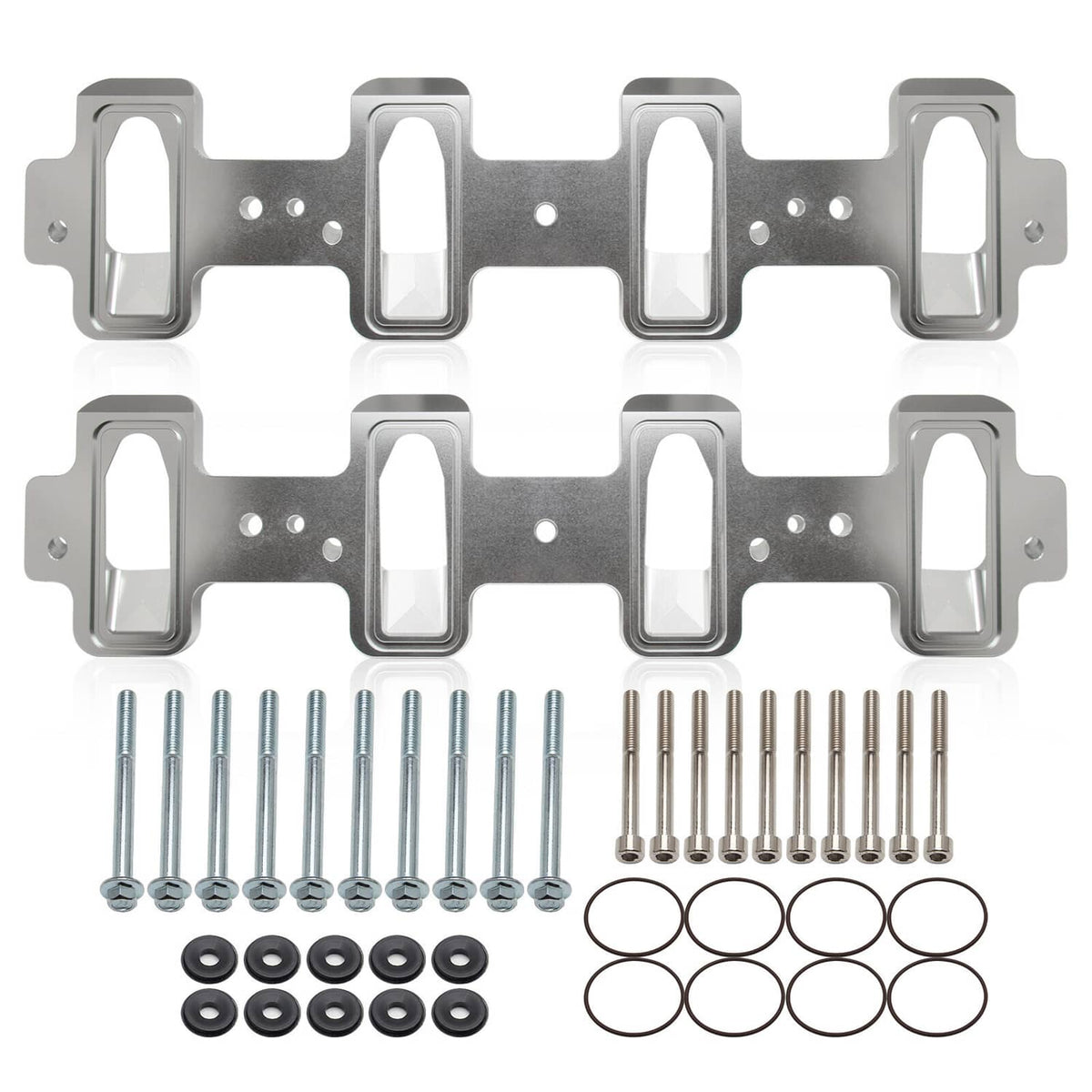 Aluminum intake manifold adapter plates with rectangular port openings and bolt holes