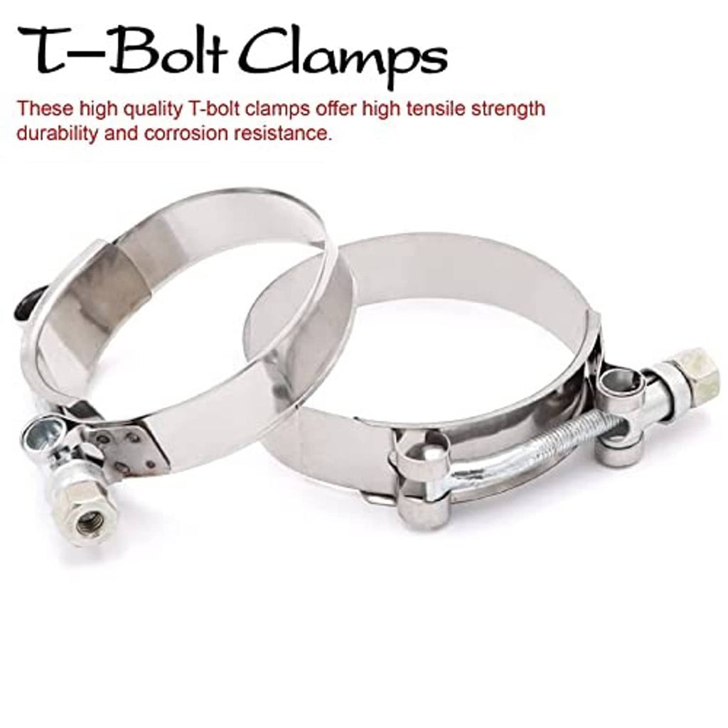 Stainless T-bolt clamps with two circular bands and bolts for securing silicone hoses