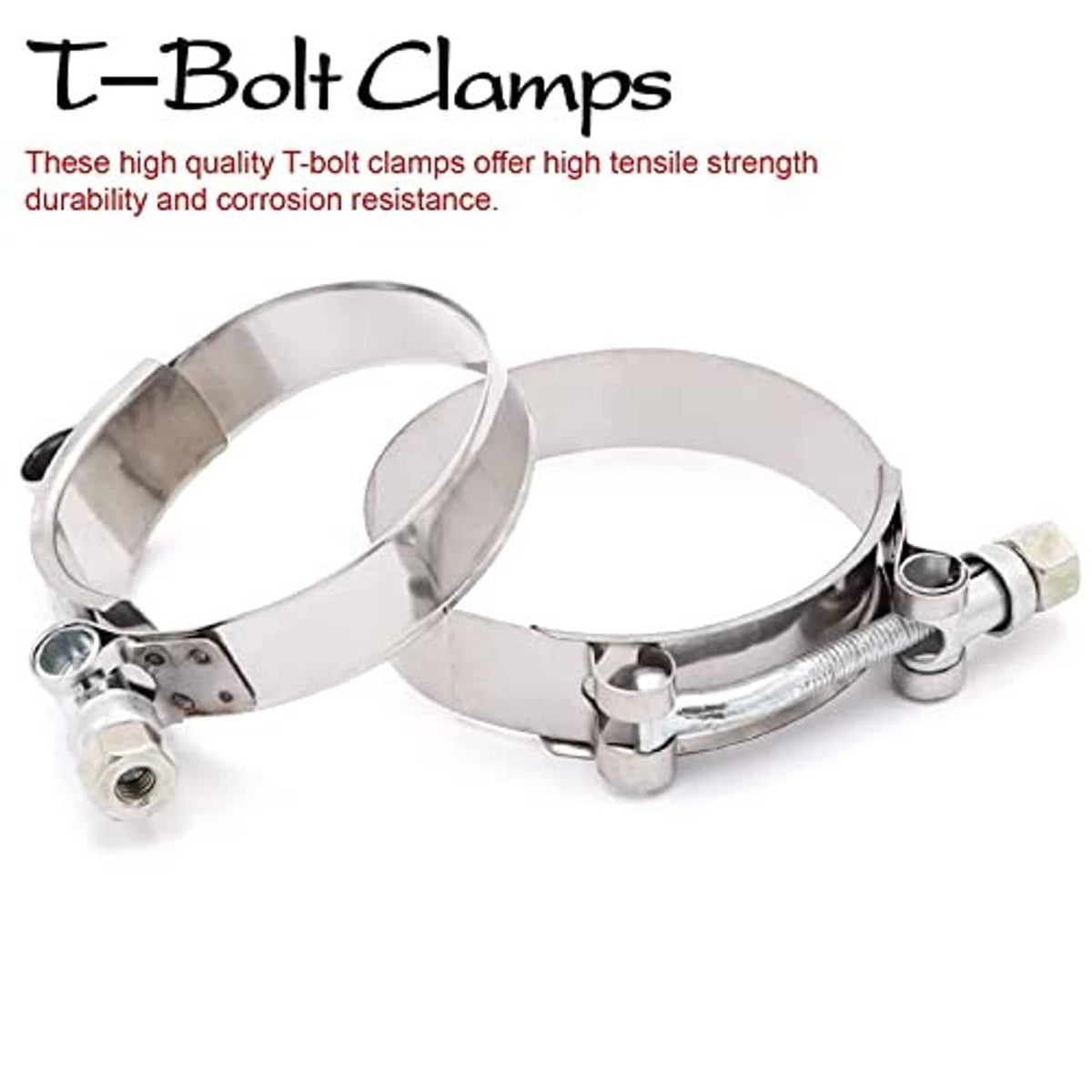 Stainless T-bolt clamps with two circular bands and bolts for securing silicone hoses
