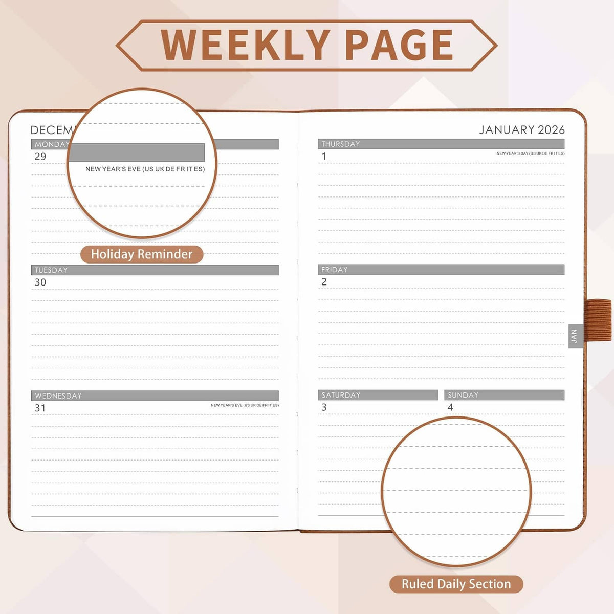 Weekly planner open spread with ruled daily section, date grid pages