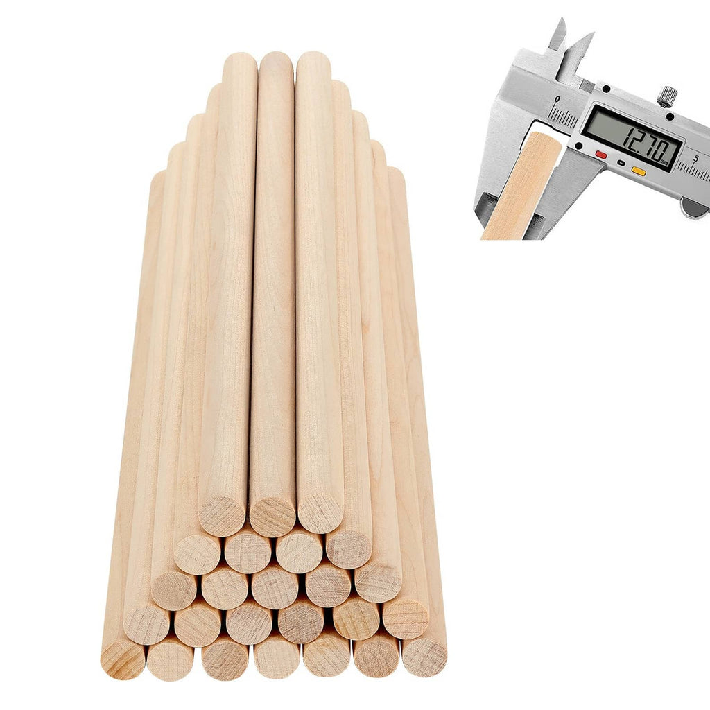 Stack of natural wood dowel rods with caliper measuring 1/2 in diameter