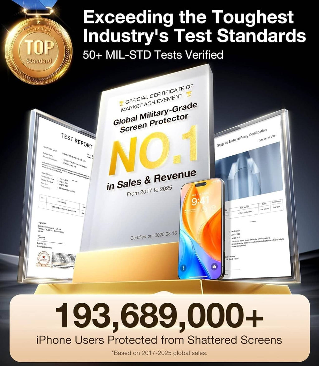 Screen protector certification graphic for UltraGlass iPhone 16 Pro, clear 9H+ glass