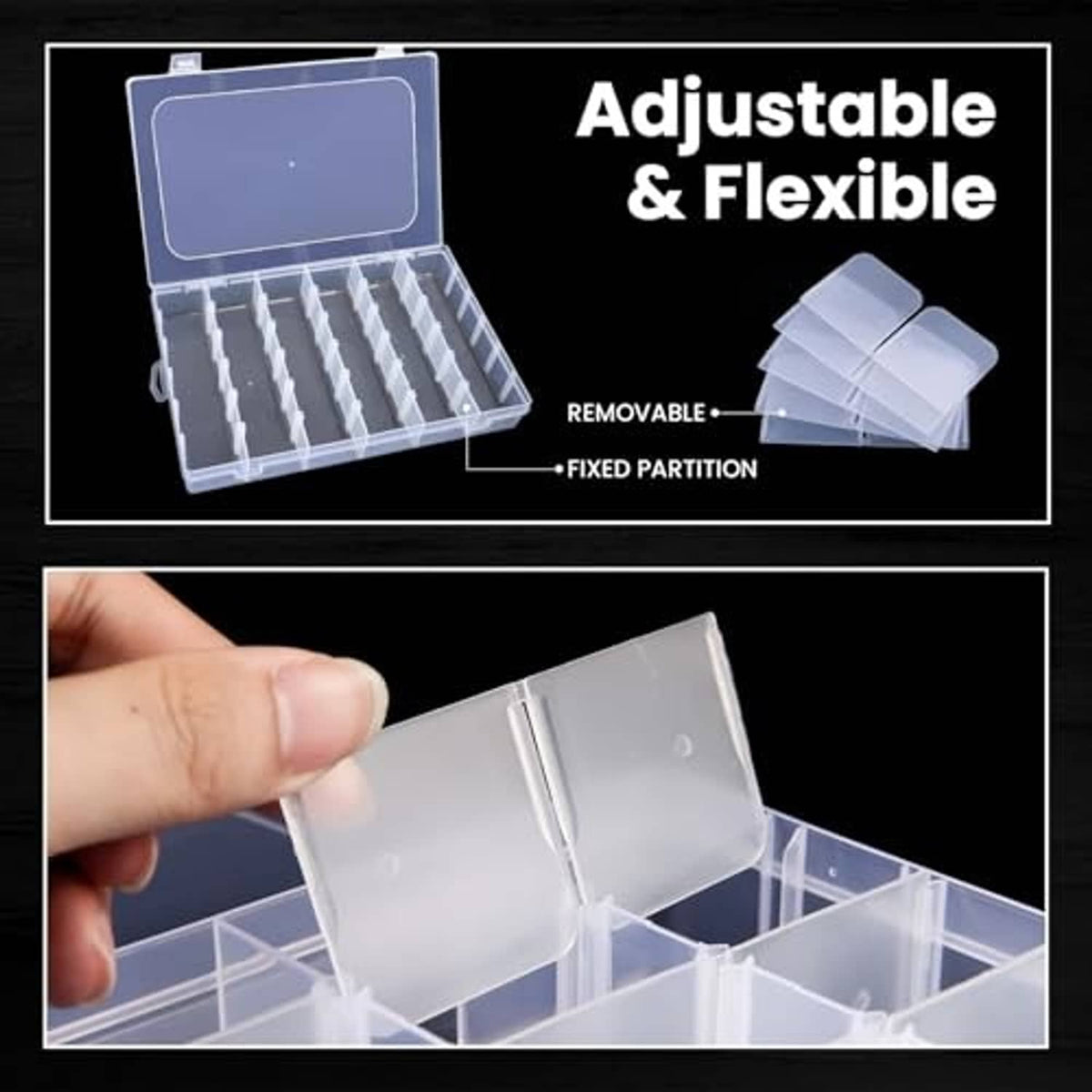 Clear plastic organizer box with adjustable removable partitions and flip lid