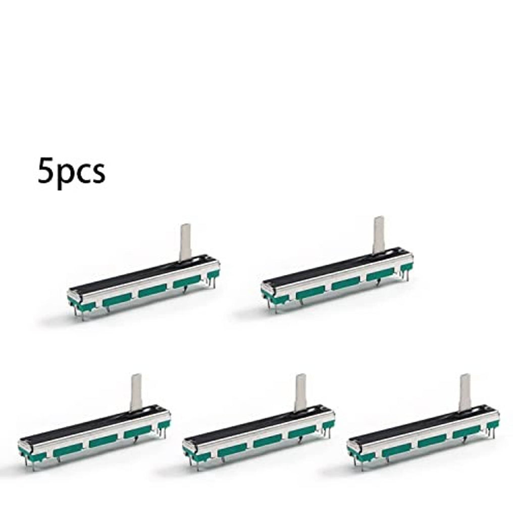 Five teal linear slide potentiometers with metal sliders and mounting pins