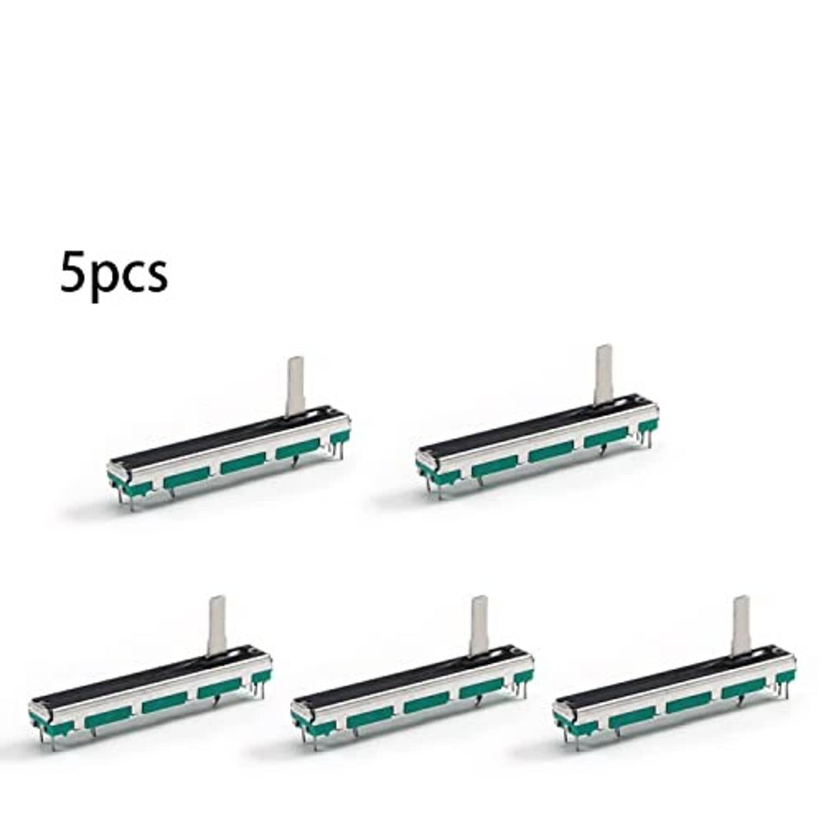 Five teal linear slide potentiometers with metal sliders and mounting pins