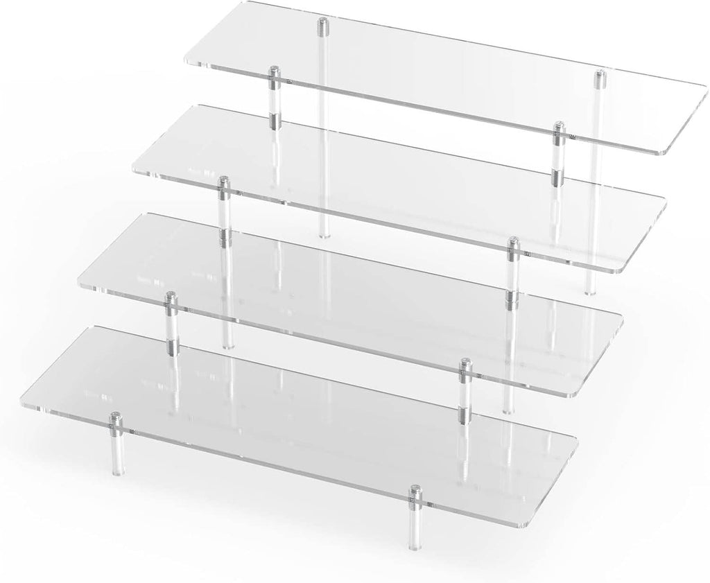 Transparent acrylic 4-tier display stand with four horizontal shelves and clear spacers.