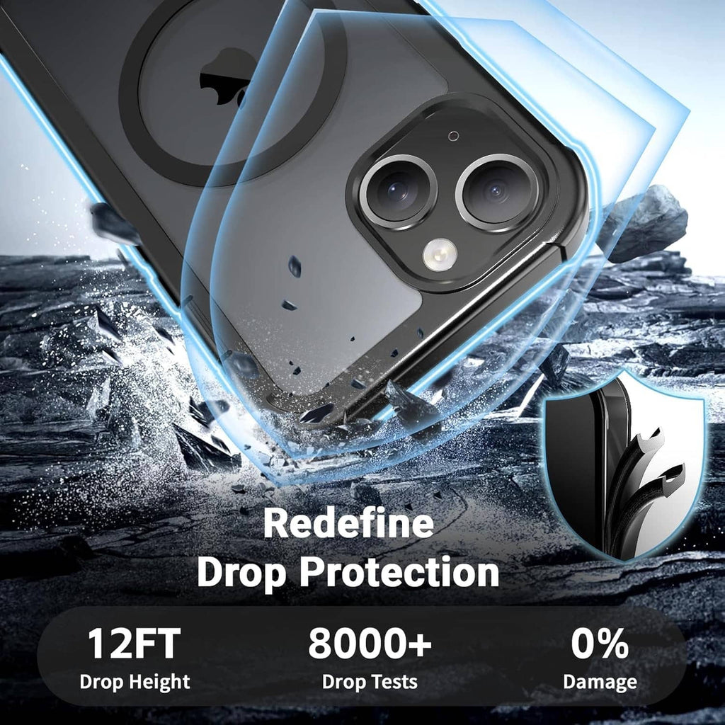 Black impact-resistant MagSafe case showing dual camera cutouts and edge guard
