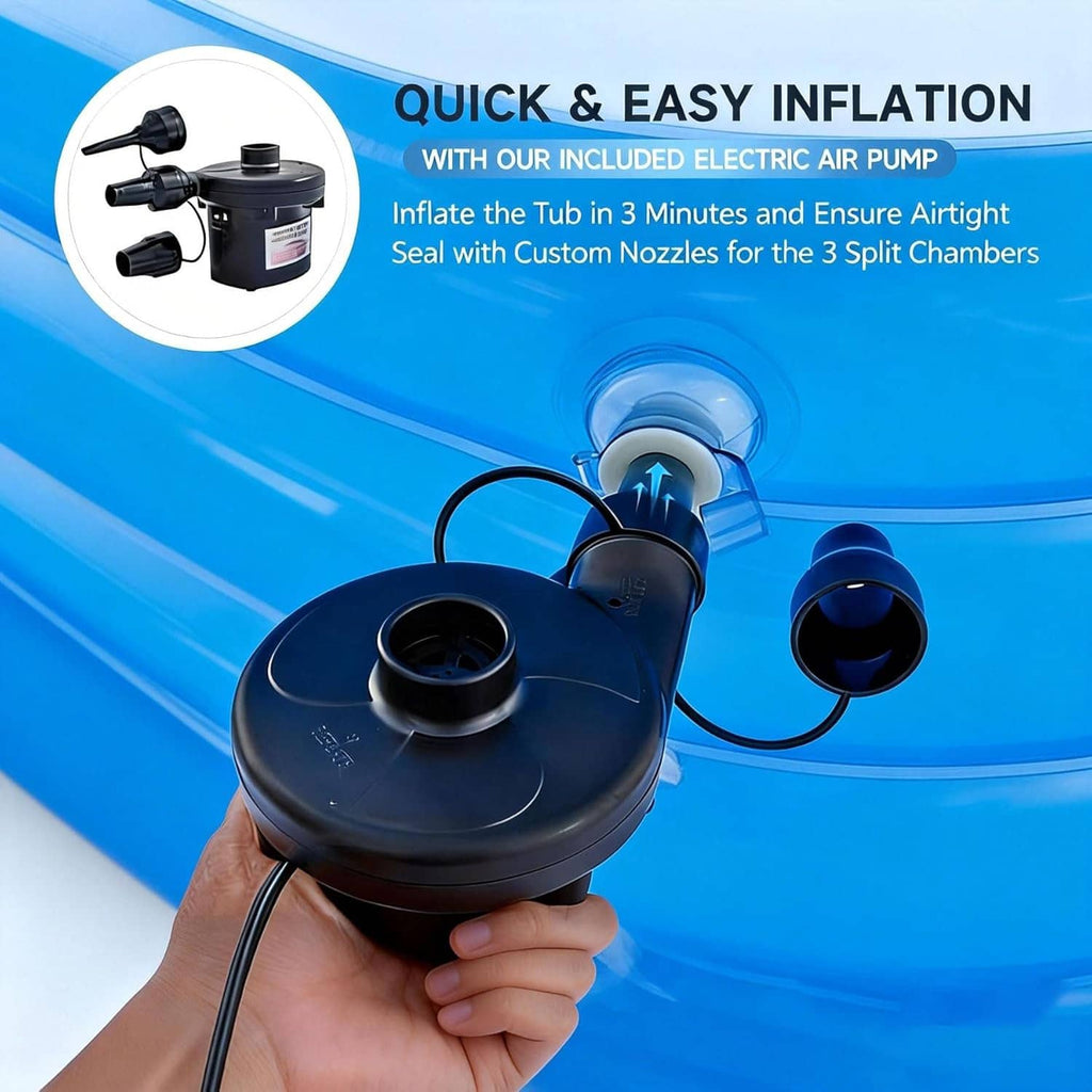 Electric air pump inflating a blue double inflatable bathtub, with multiple nozzles