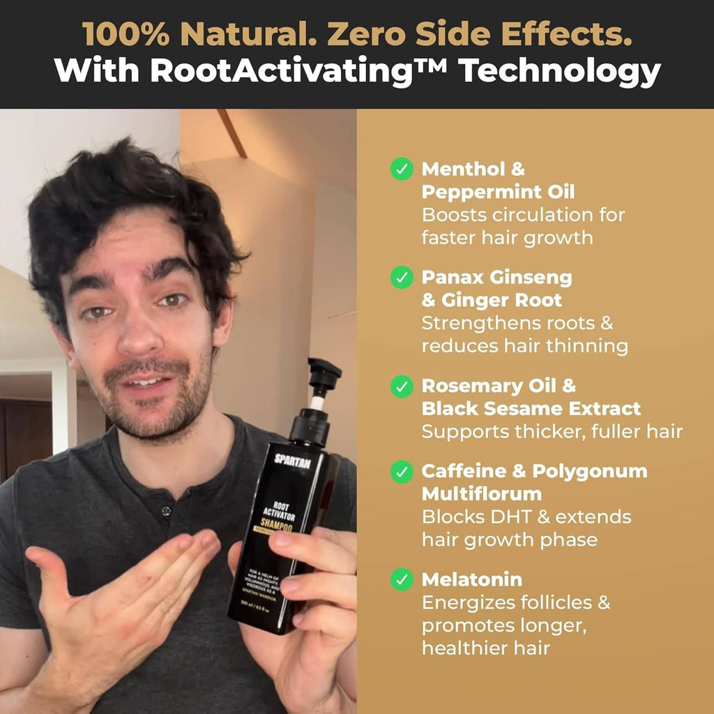 Man holding SPARTAN Root Activator Shampoo pump bottle