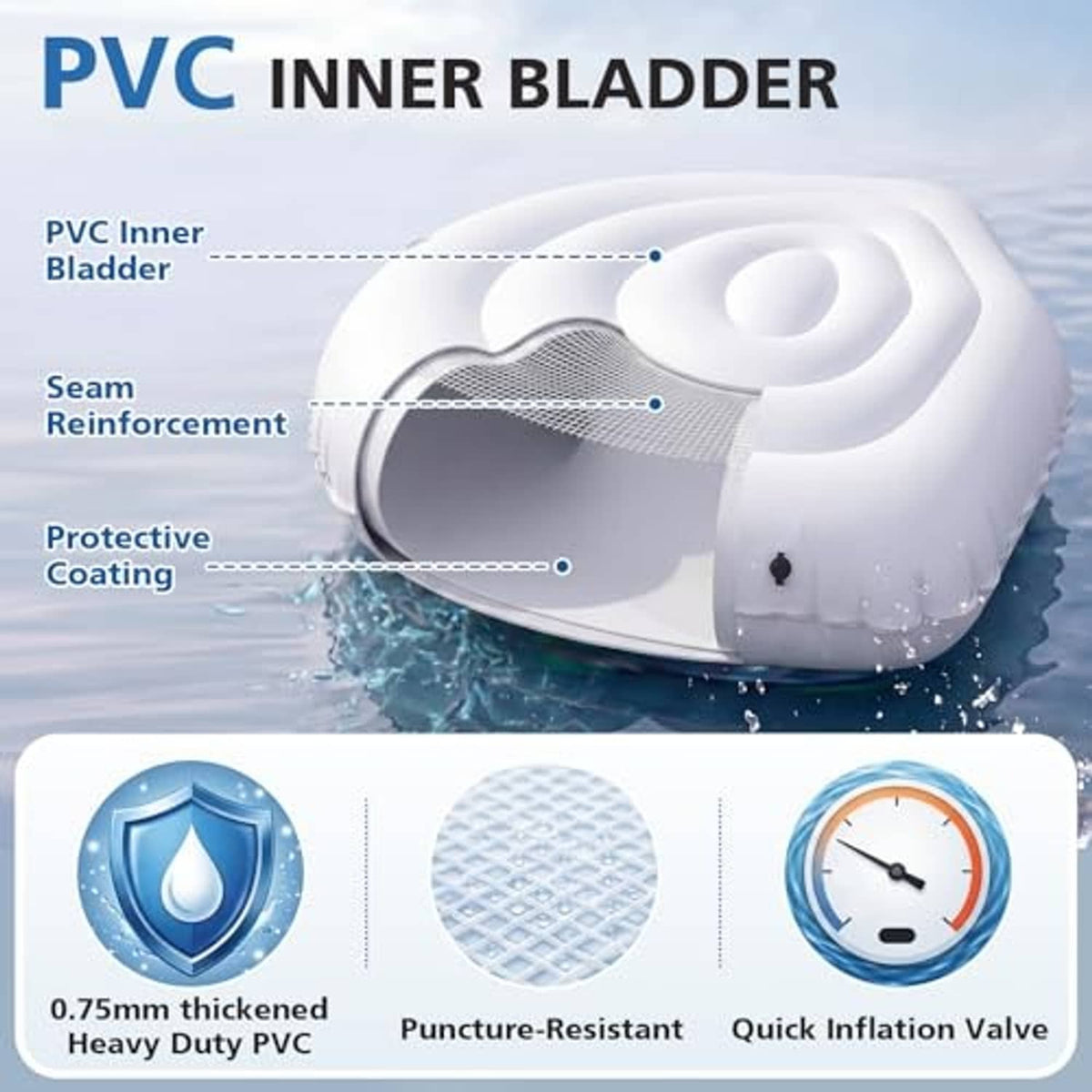 White PVC towable tube inner bladder with reinforced seams and protective coating