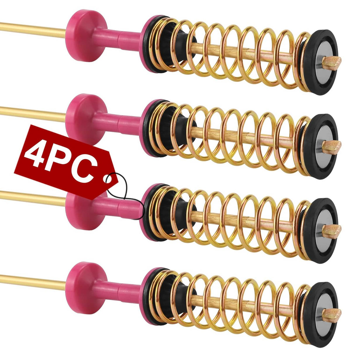 Washer suspension rod set, red rods with gold coil springs and black top caps (4-pack).