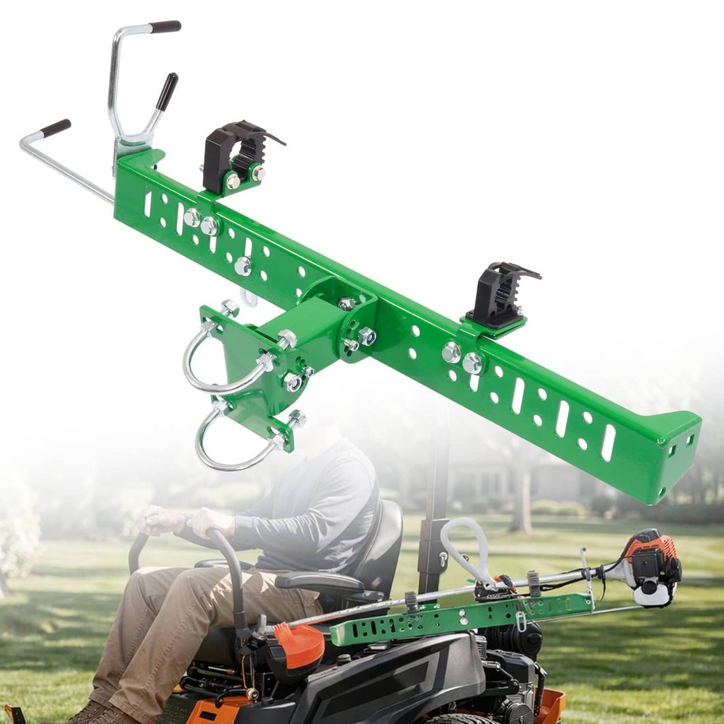 Green trimmer holder rack with quick-clamp mounting arms and U-bolts