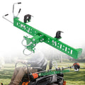 Green trimmer holder rack with quick-clamp mounting arms and U-bolts