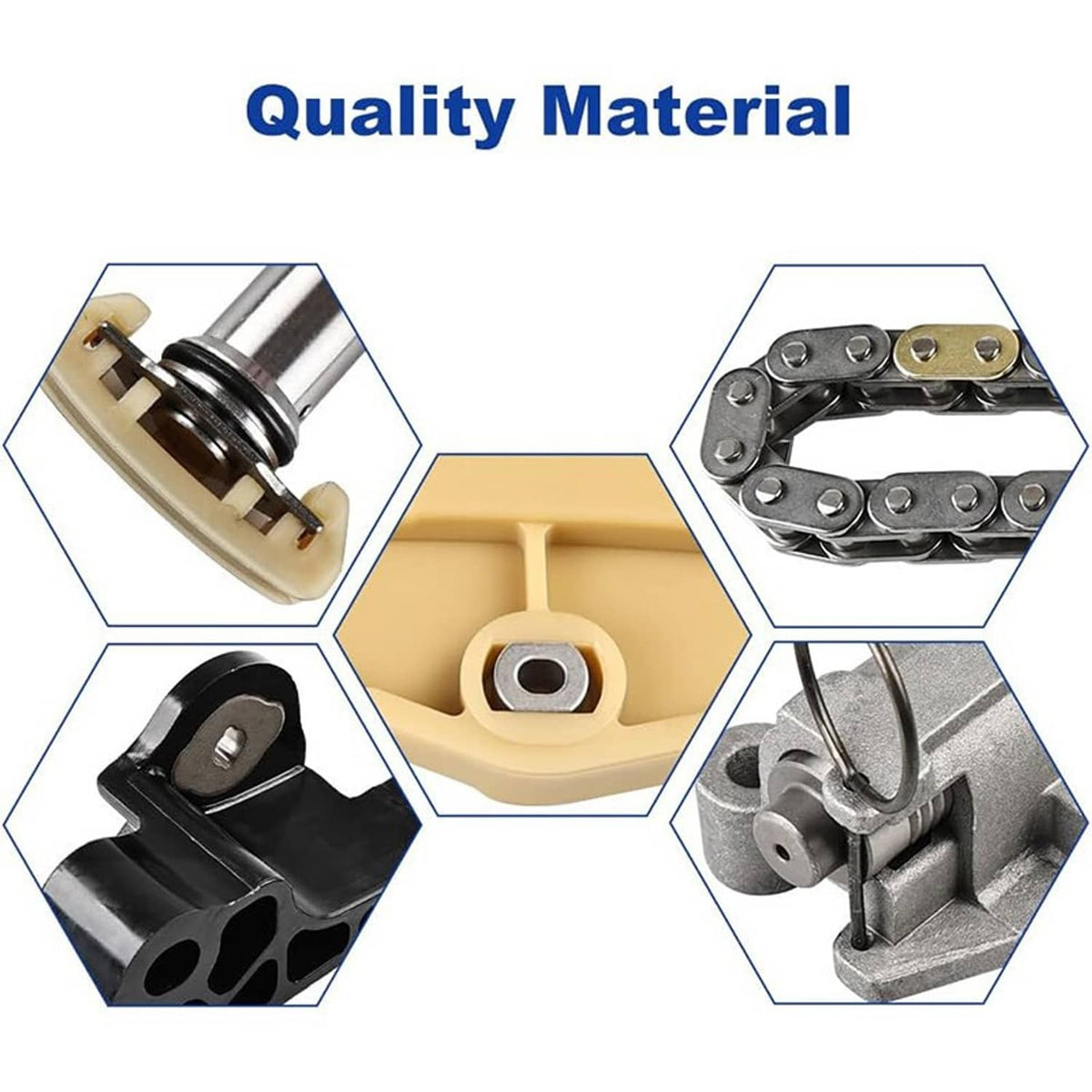 Timing chain and water pump kit material details: pump parts, guide pieces, and chain rails