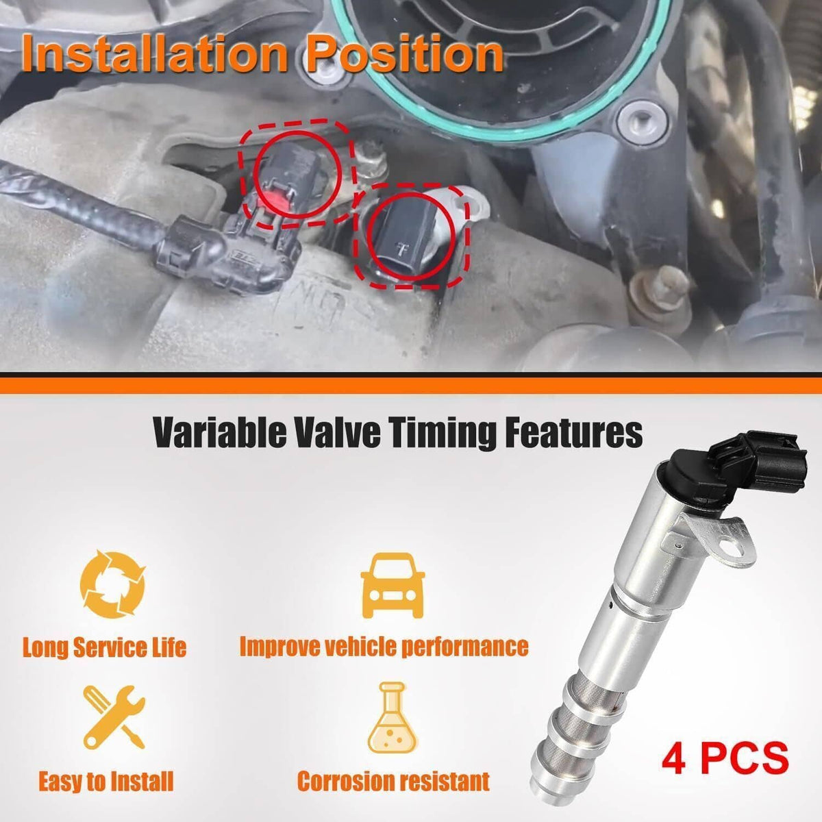 Variable valve timing solenoid shown near engine bay wiring connector, silver body