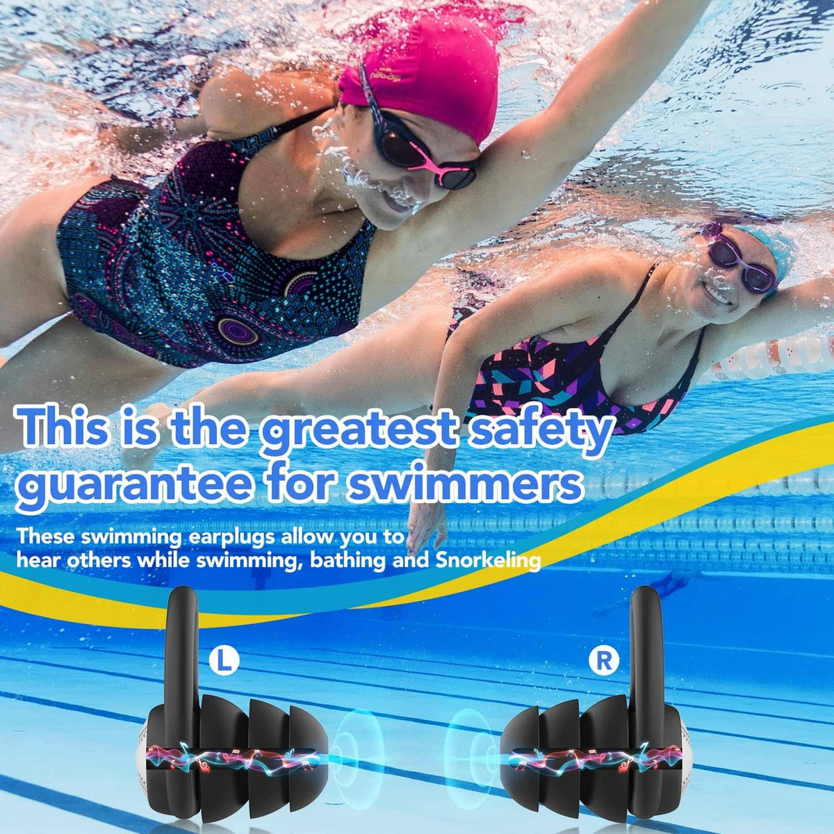 Silicone swimming ear plugs worn by swimmers, with black ear tips and securing wings