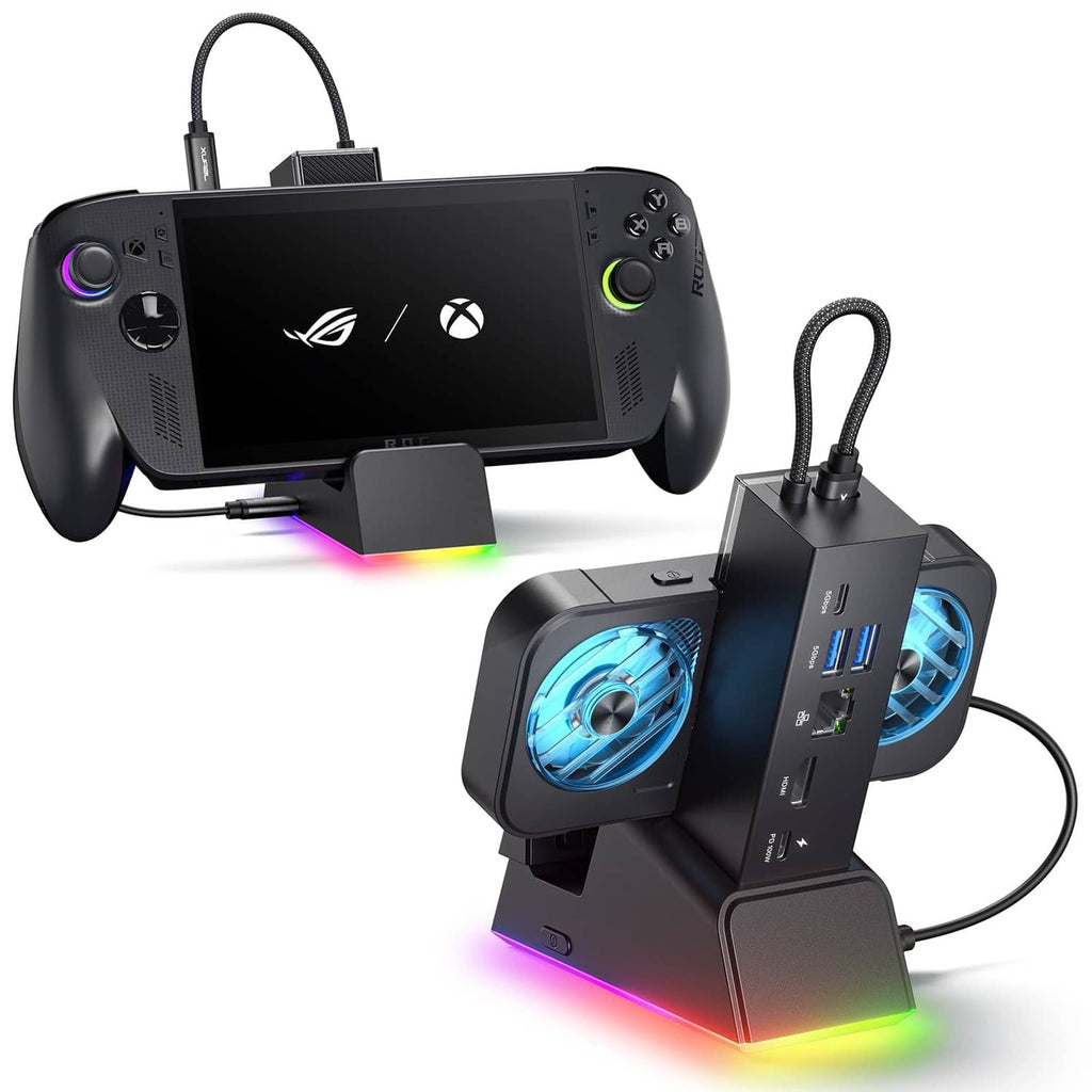 Black gaming handheld docking station with dual RGB fan cooling and USB ports