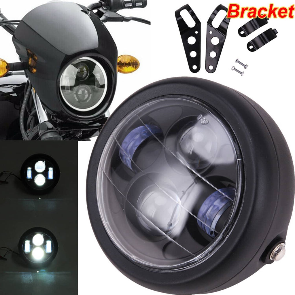 6.5-inch LED motorcycle headlight with black bezel and included metal mounting bracket