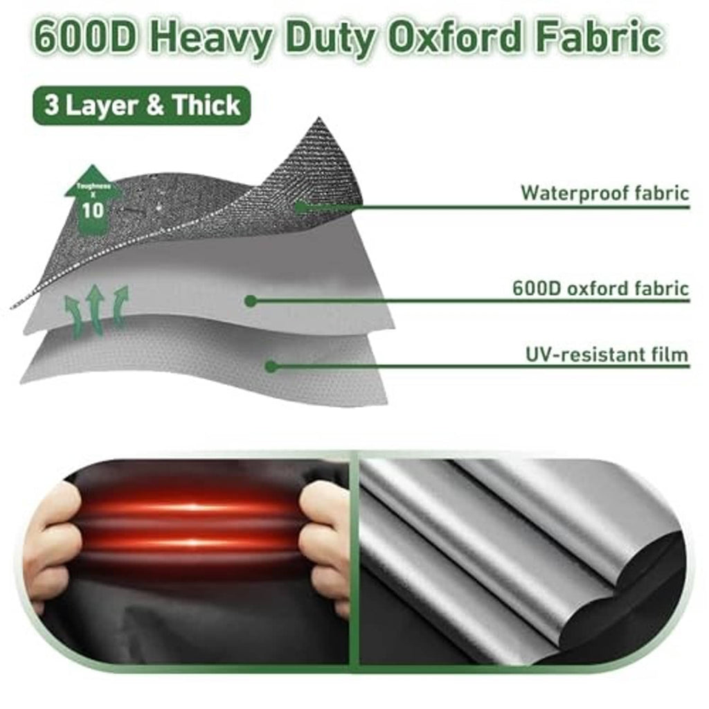 Multi-layer black AC cover material diagram with waterproof and UV-resistant layers.