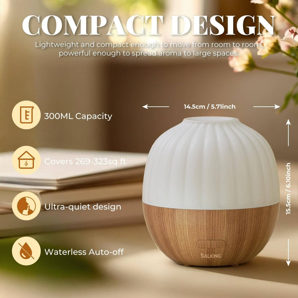 Compact wood-and-white essential oil diffuser with ribbed dome top and base