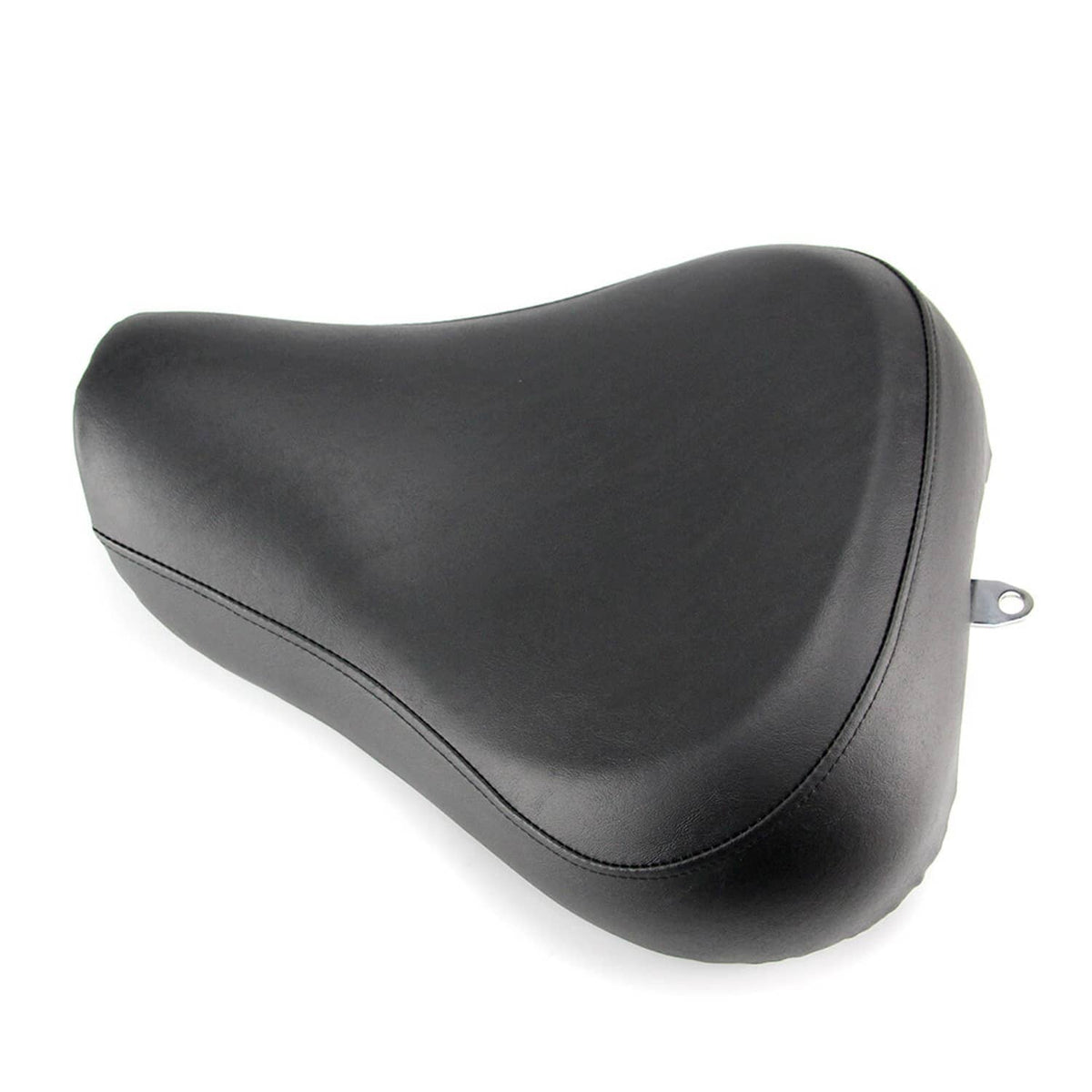 Black front rider solo motorcycle seat with contoured cushion and stitched trim