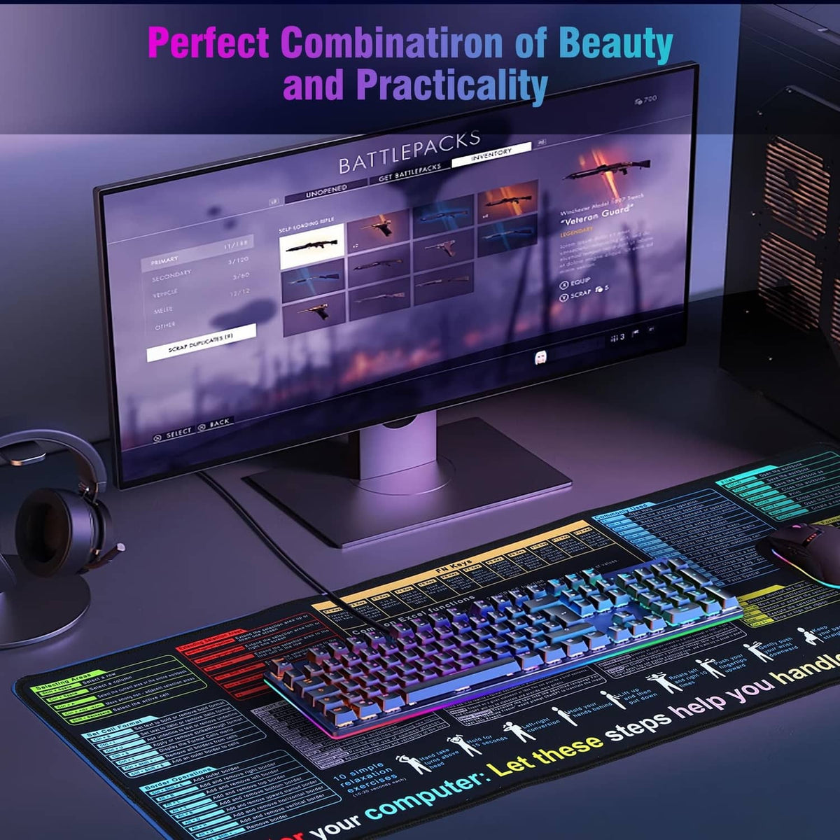 Black desk pad mat laid flat beside keyboard and monitor