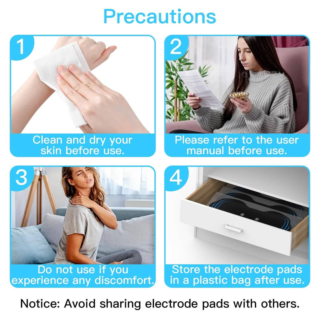 Electrode pads precautions icons showing cleaning, manual check, and storage steps