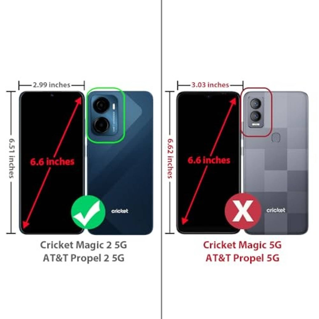 Phone case fit guide diagram with dimensions and compatibility check marks