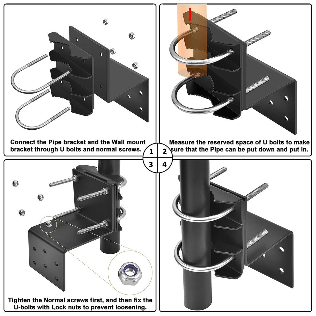 Black antenna pole and wall mount bracket with connected U-bolts and fasteners
