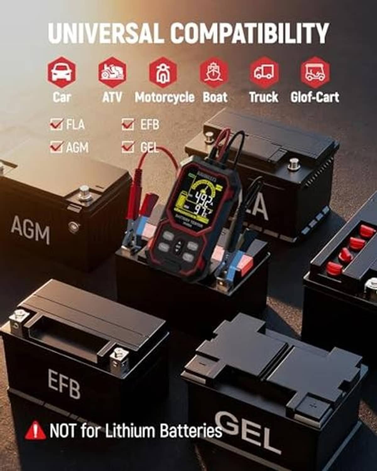 Car battery tester on bench with clamp leads and LCD screen, red-and-black case
