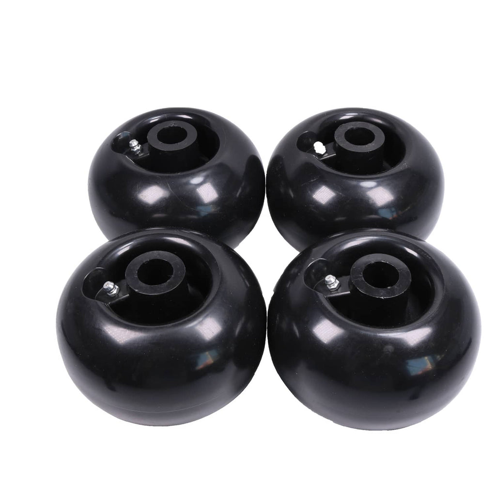 Set of 4 black deck wheels showing top hubs and bolt hardware