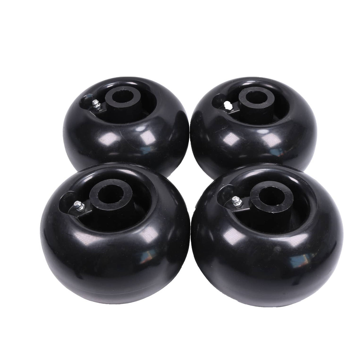 Set of 4 black deck wheels showing top hubs and bolt hardware