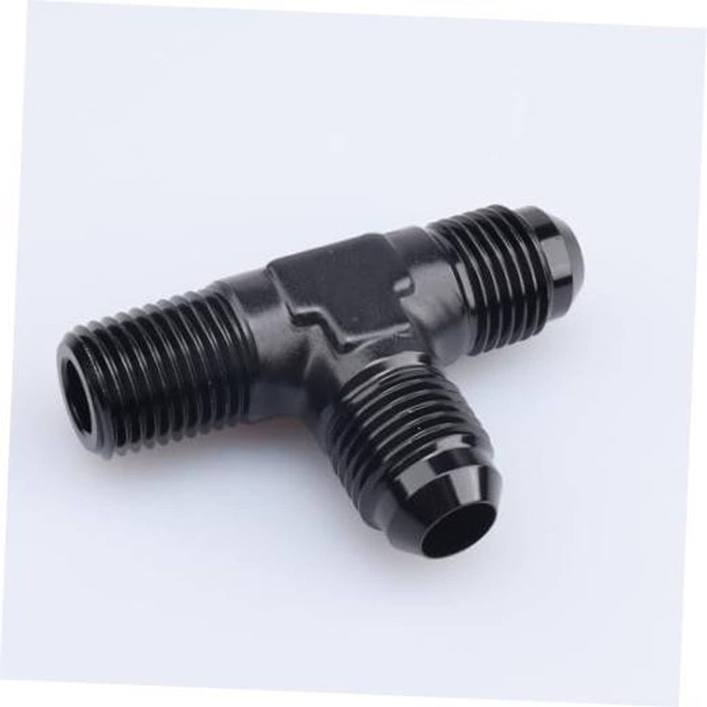 Black AN male flare tee with two side 1/2 NPT outlets, three-way pipe fitting